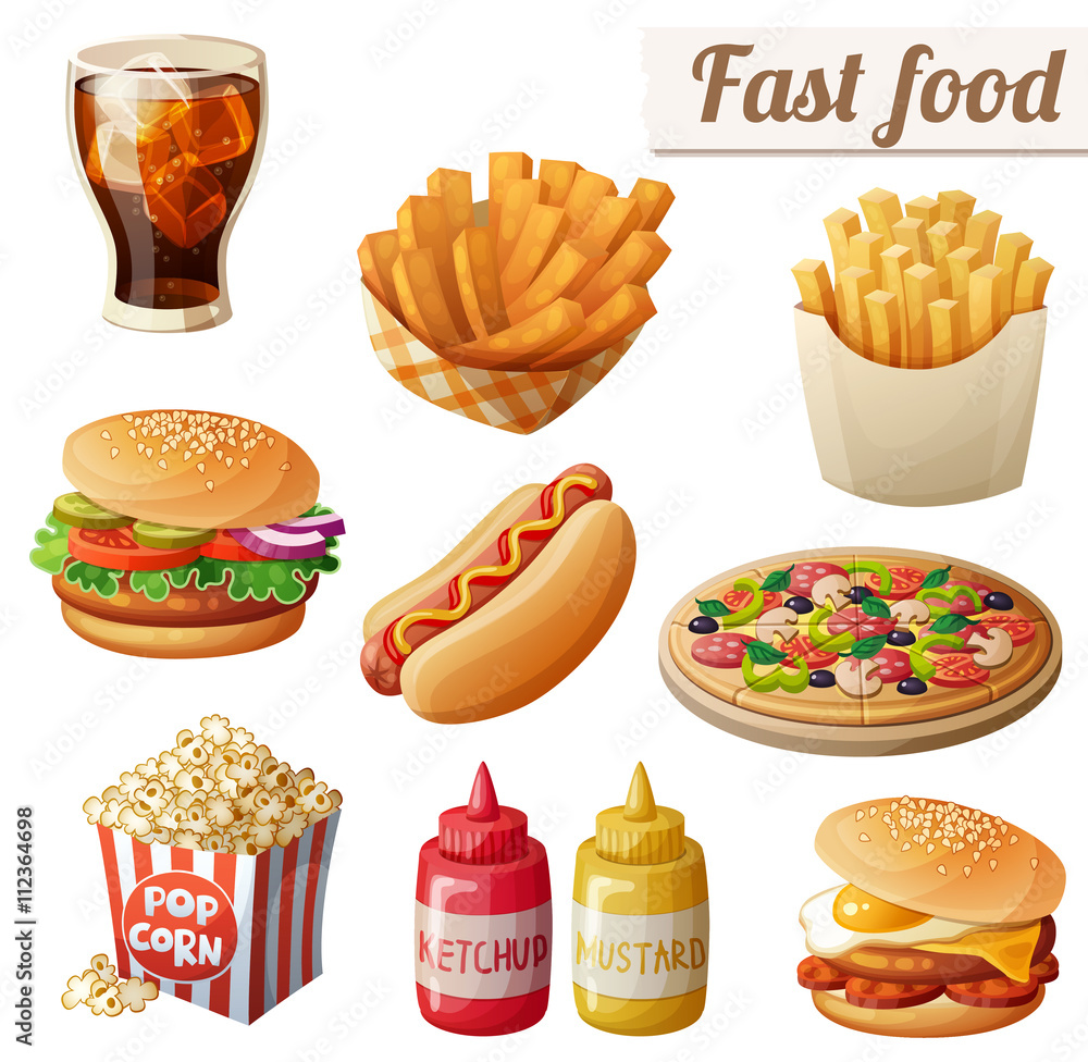 Fast food. Set of cartoon vector food icons isolated on white background.  Ketchup, mustard, glass of