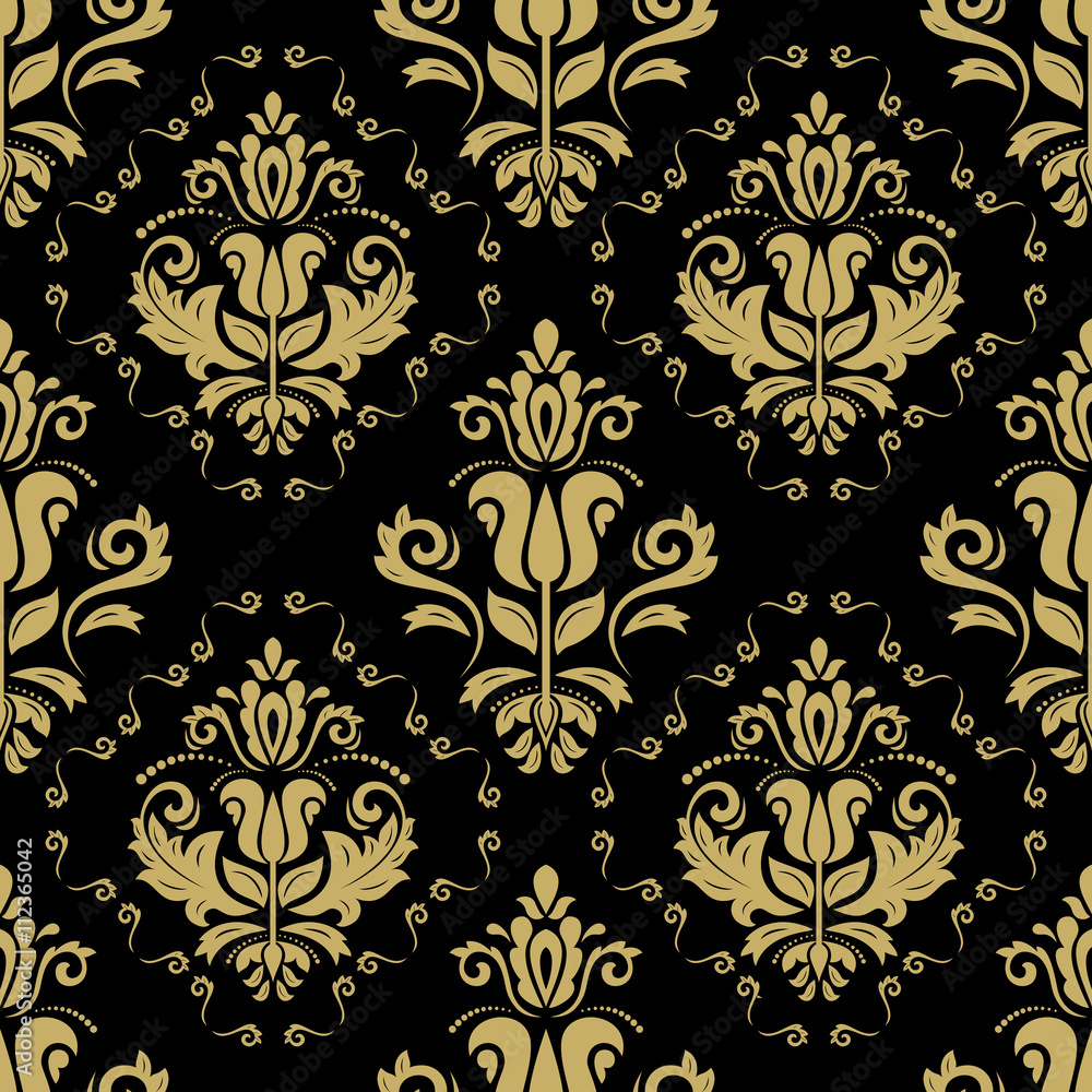 Damask seamless black and yellow ornament. Traditional pattern. Classic oriental background