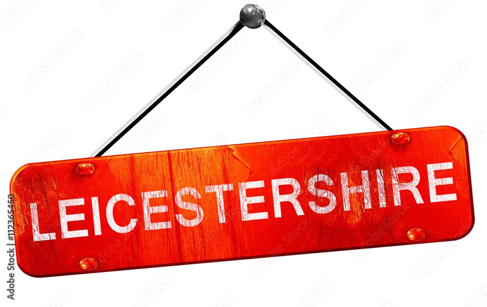 Leicestershire, 3D rendering, a red hanging sign Leicestershire, 3D rendering, a red hanging sign