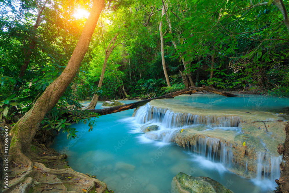 Erawan Waterfall, beautiful waterfall in deep forest, Erawan National Park in Kanchanaburi, Thailand Erawan Waterfall, beautiful waterfall in deep forest, Erawan National Park in Kanchanaburi, Thailand