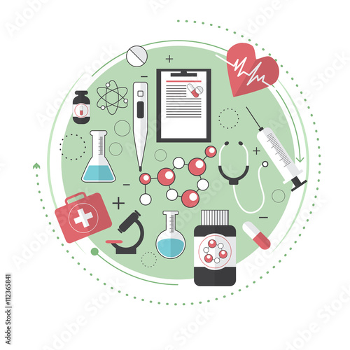 Thin lines flat design of city medicine services, medical supplies, ambulance emergency help for illness patient. Modern concept. Line art. Vector