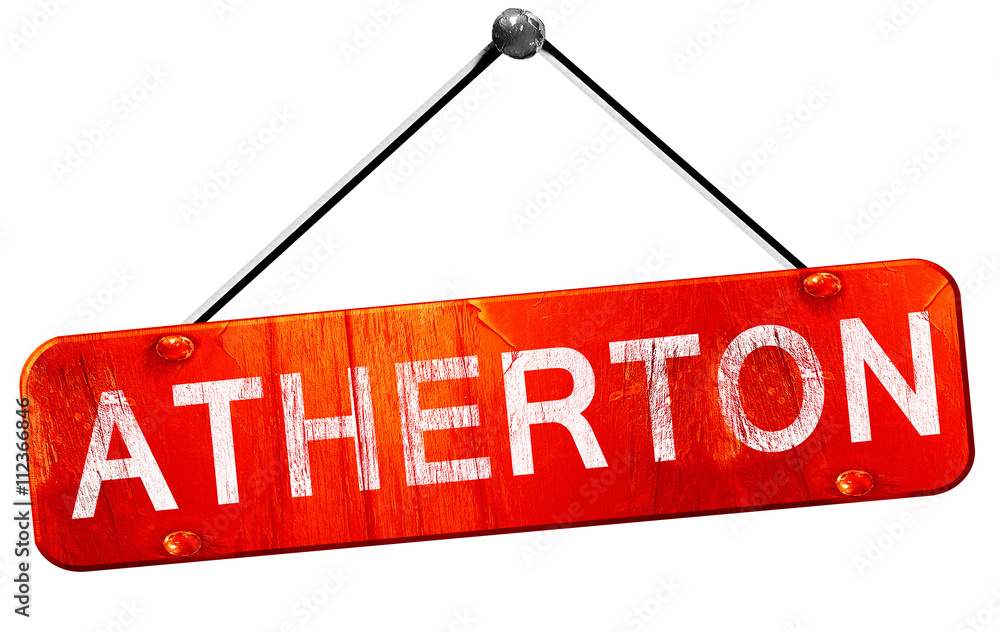 Atherton, 3D rendering, a red hanging sign Atherton, 3D rendering, a red hanging sign