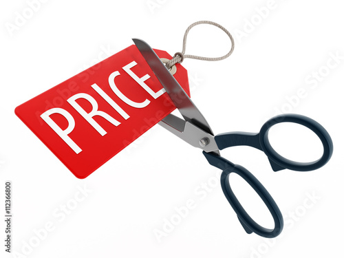 Scissors cutting price tag. 3D illustration.