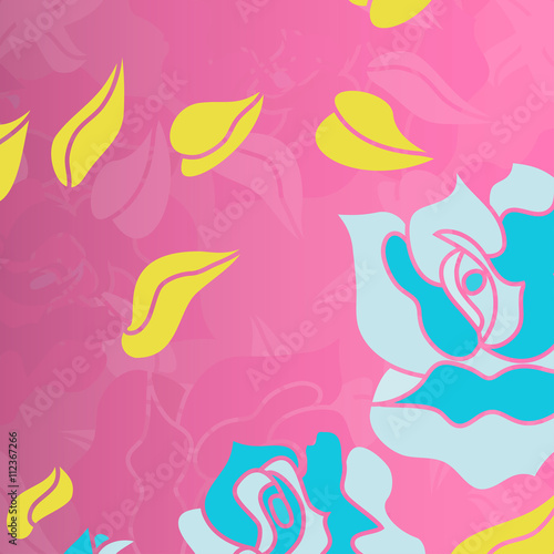 colored beautiful roses and petals on a pink background