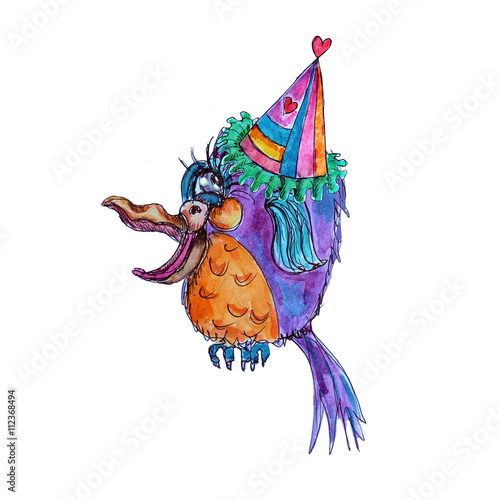 Funny Bird in party hat watercolor isolated cartoon character on white