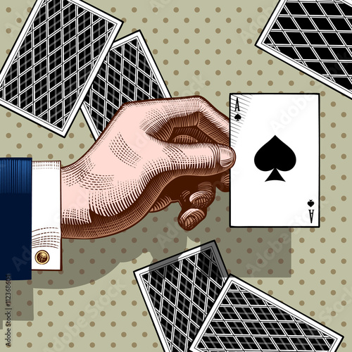 Hand with the ace of Spades playing card. Vintage engraving