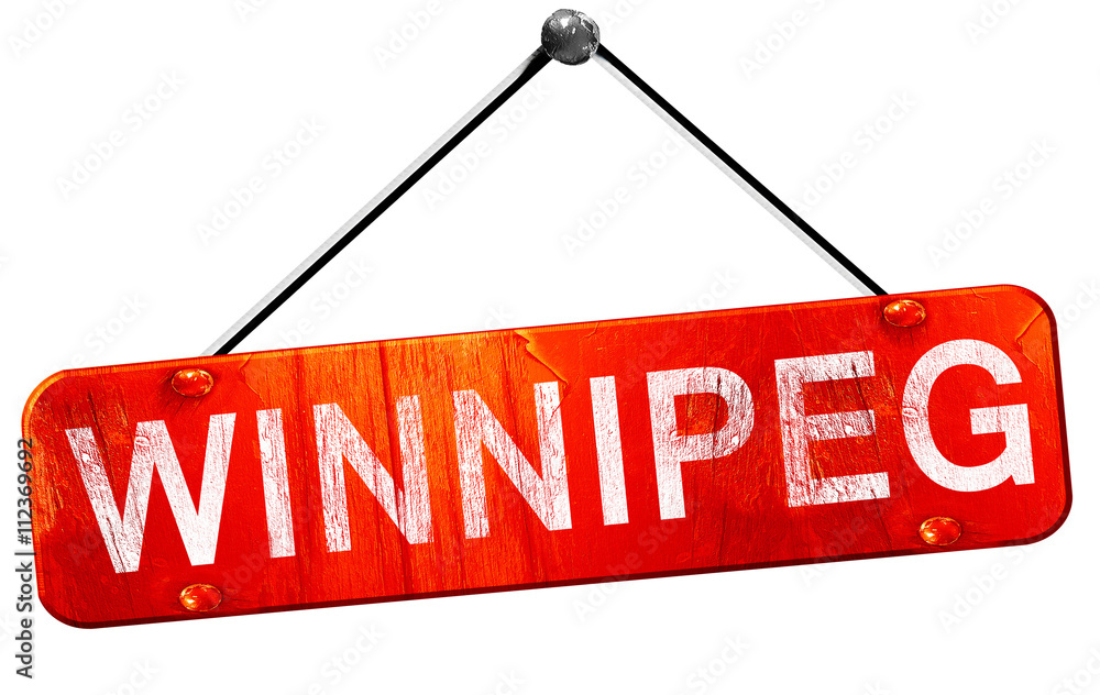 Winnipeg, 3D rendering, a red hanging sign Winnipeg, 3D rendering, a red hanging sign