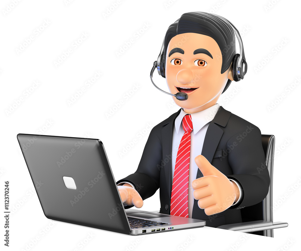 3D Call center employee working with thumb up 3D Call center employee working with thumb up