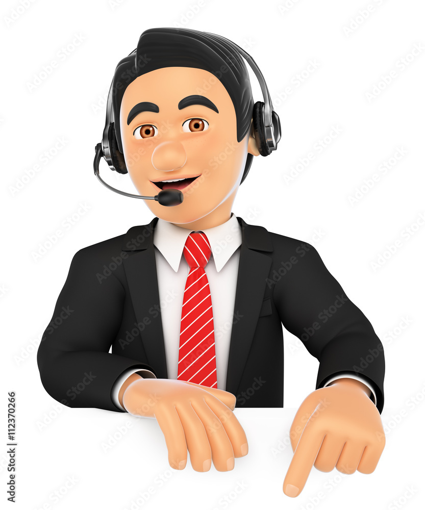 3D Call center employee pointing down. Blank space 3D Call center employee pointing down. Blank space