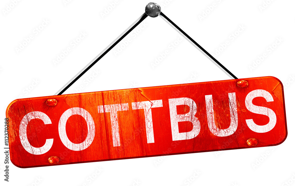 Cottbus, 3D rendering, a red hanging sign Cottbus, 3D rendering, a red hanging sign