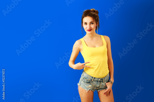 Summer Hipster Fashion Girl on Blue Background