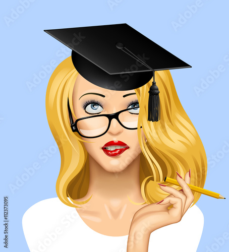 Face of a pretty blonde girl with a graduate hat