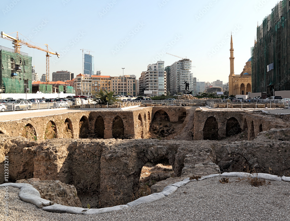 Downtown Beirut Archeology with modern Background