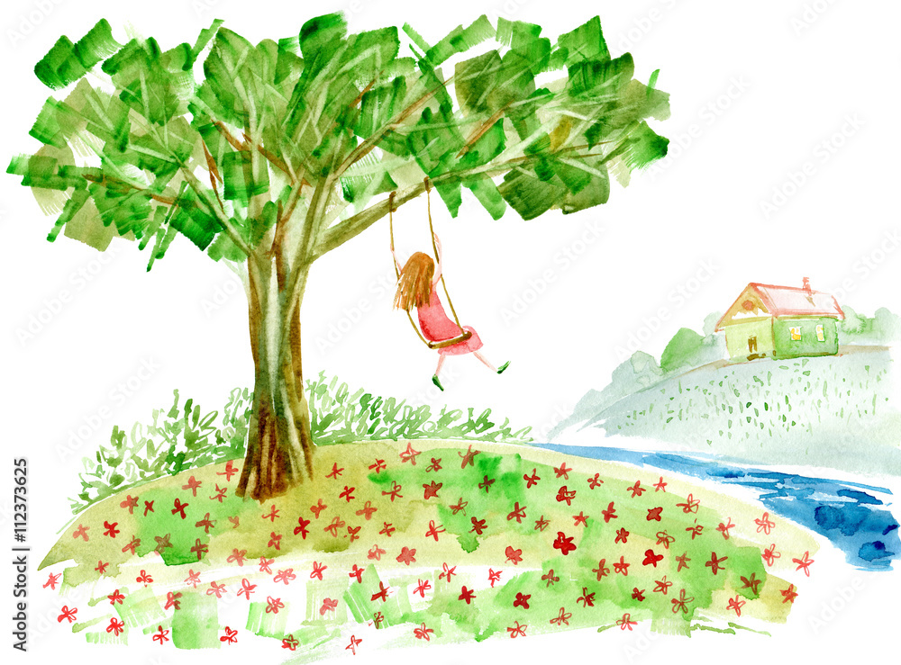 Girl on swing in the summer.Greeting card.Rural landscape with tree, river,  meadow and house. Watercolor hand drawn illustration. Stock Illustration |  Adobe Stock