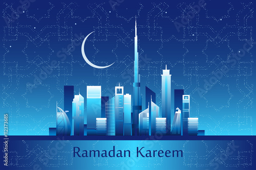 Ramadan kareem message on the Dubai city skyline