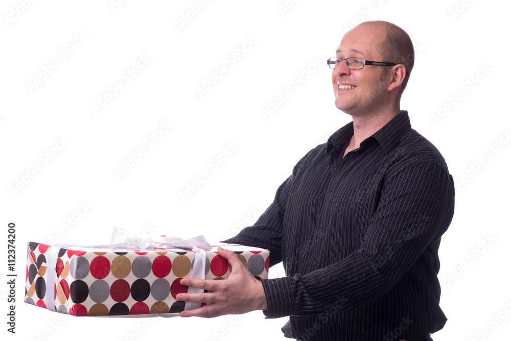 caucasian guy gives a gift isolated on white caucasian guy gives a gift isolated on white