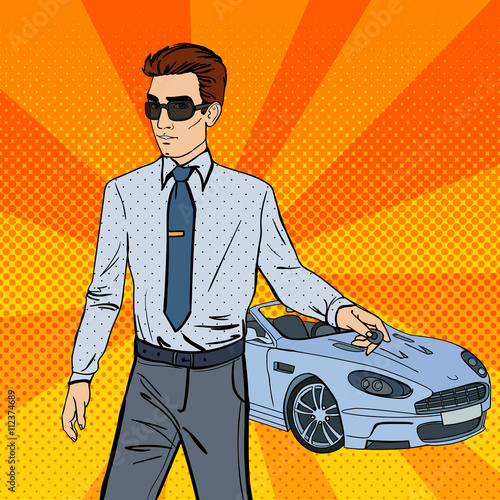 Successful Businessman. Man Holding a Car Key. Pop Art. Vector 