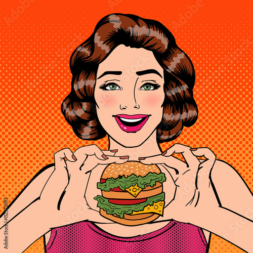 Young Woman Eating Hamburger. Woman Holding Burger. Pop Art. Vector