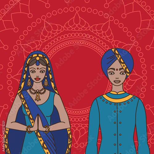 South Asia beautiful woman and man wearing indian traditional cloth, hinduism costume, sari on background
