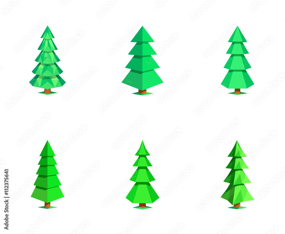 Obraz premium Set different low polygon 3D fir-trees isolated on white background. Stylized ecologic nature collection