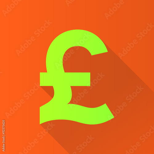 Shape of a pound sign. Vector bright and contrast pound sign icon. GBP currency symbol. Green money label with long shadow isolated on orange background. Sterling sign vector design for website photo