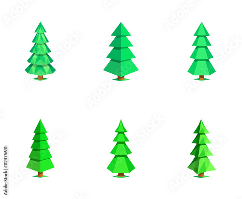 Set different low polygon 3D fir-trees isolated on white background. Stylized ecologic nature collection