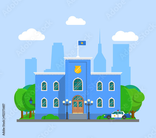 Police station with police sign. Landscape with city police department brick blue building and police car. Infographic element. Flat style vector illustration
