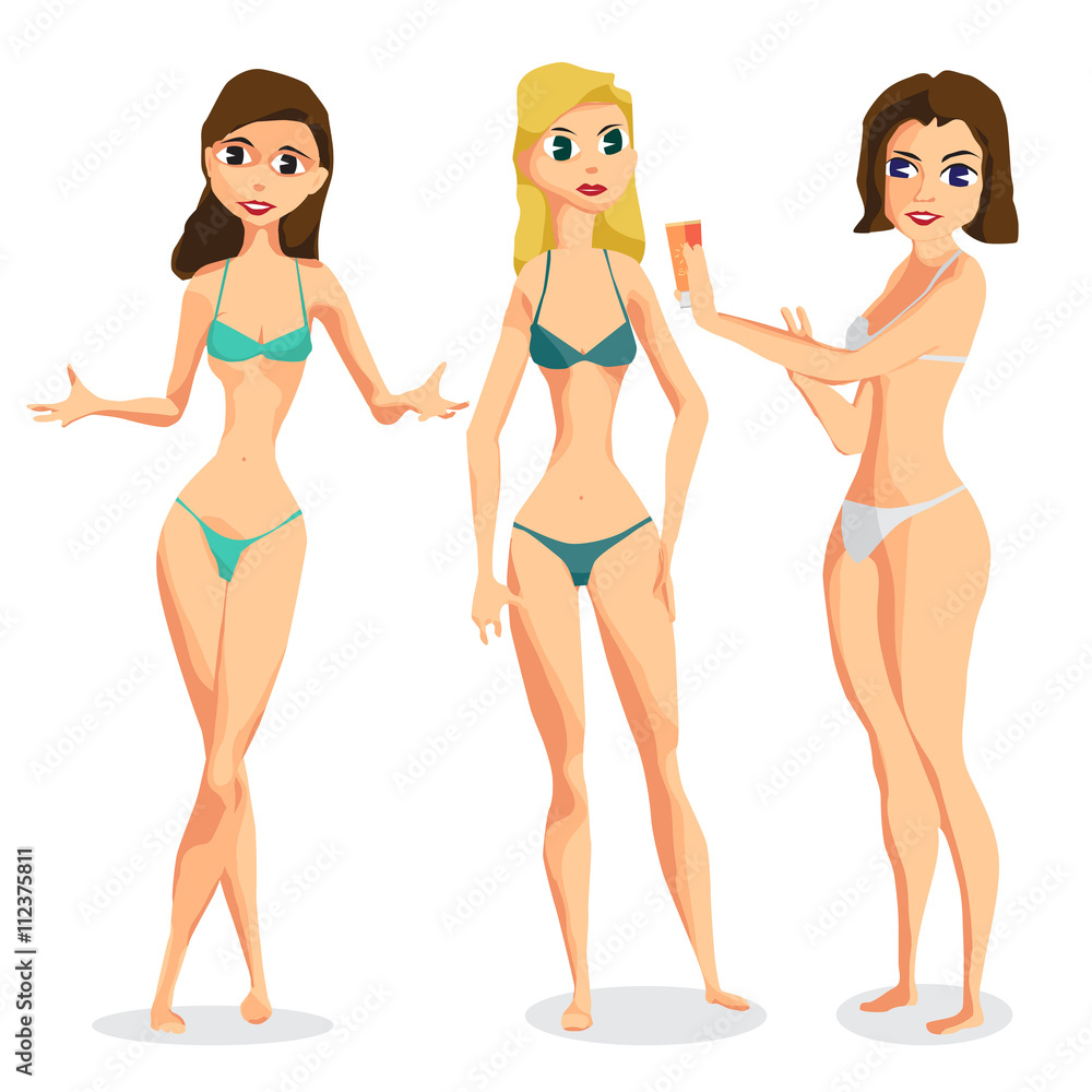 Set three women dressed in swimsuit is standing sunbath. Isolate Set three women dressed in swimsuit is standing sunbath. Isolate