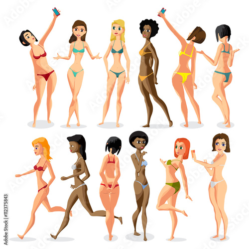 Set woman dressed in swimsuit is standing. Isolated flat cartoon