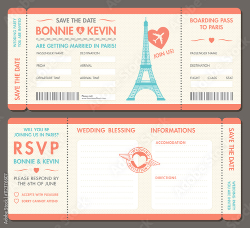 Vector Paris Wedding Invite Tickets
