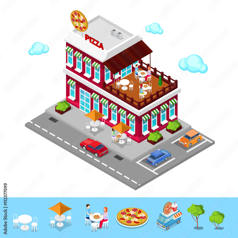 Isometric Pizzeria. Modern Restaurant with Parking Zone. People in Restaurant