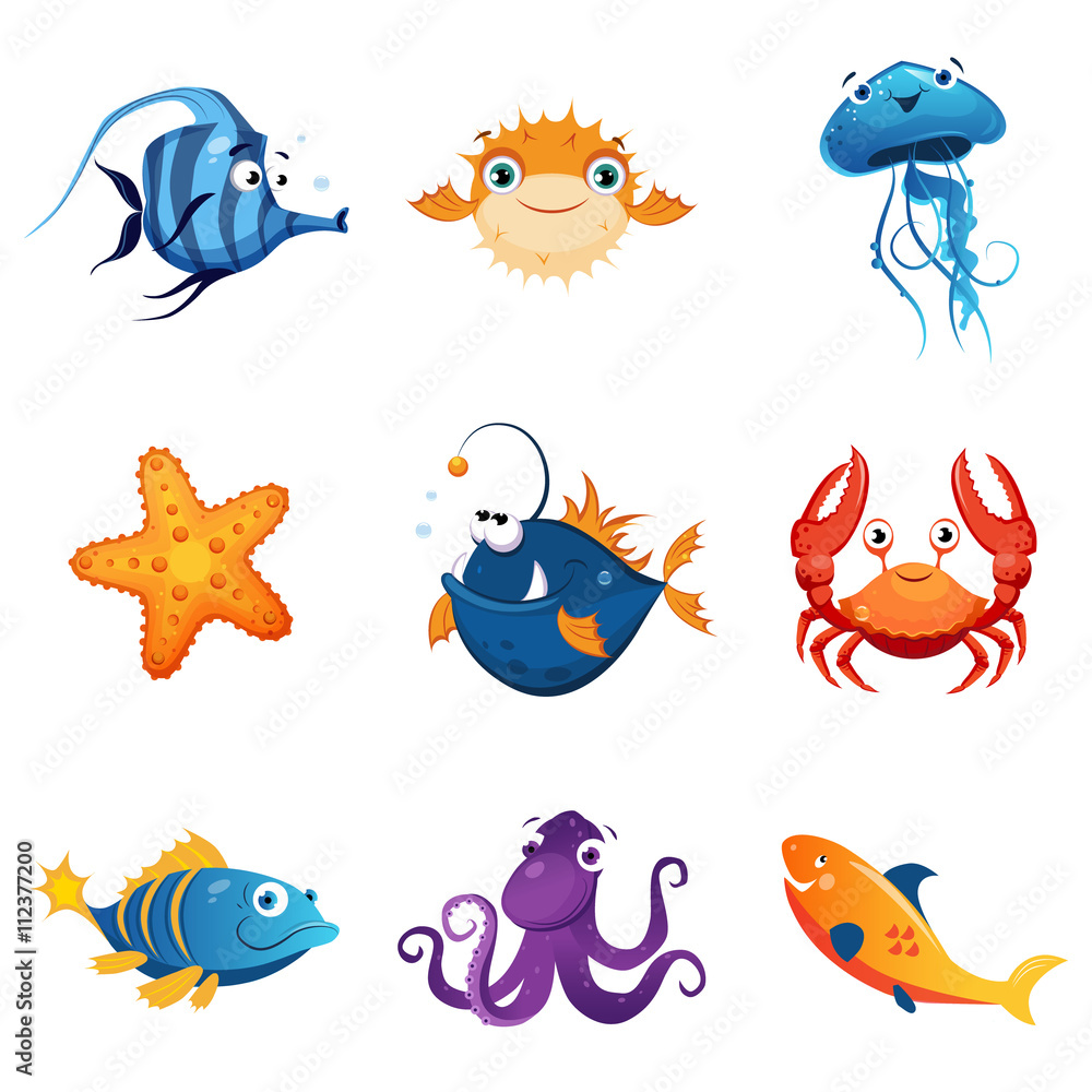 Obraz premium Colorful Marine Animals Set