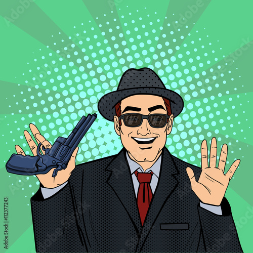 Mafioso with Gun. Retro Mafia Man. Pop Art Mafia Boss. Vector