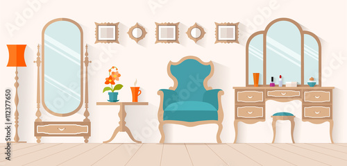 The interior of the dressing room with furniture in flat style. Vector illustration. Interior design with a dressing table and mirror. Boudoir for a woman.