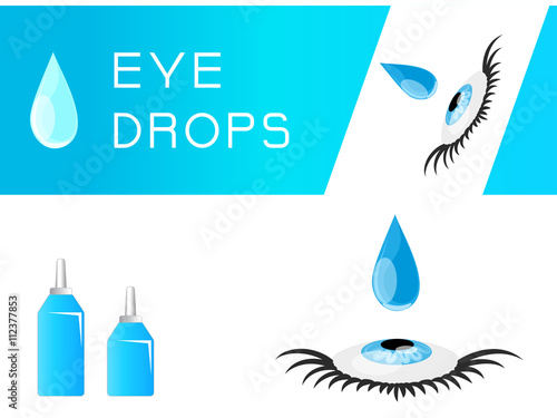Medical packaging for eye drops. Blue bottles of drops for the treatment of eyes.