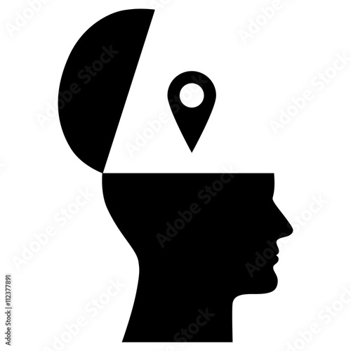 Symbol für Orientierungssinn: Gesicht mit aufgeklapptem Schädel und Navigationssymbol – schwarz-weiß / Vektor / freigestellt