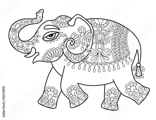 ethnic indian elephant line original drawing, adults coloring bo