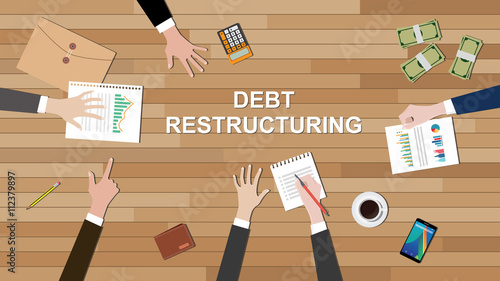 debt restructuring team work together on the desk with people hand graph money calculator vector graphic illustration