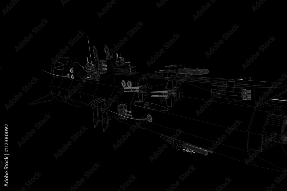 Futuristic Spaceship Destroyer Hologram Wireframe in Motion. Nice 3D Render
