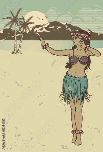 Vintage hula girl dancing on the beach
