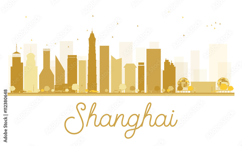 Shanghai City skyline golden silhouette.