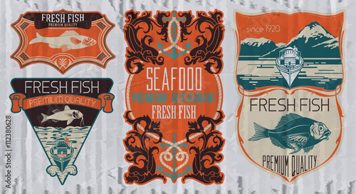 Vintage set of fish - vector. Logo, badge or label design template.