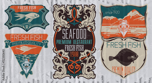 Vintage set of fish - vector. Logo, badge or label design template.