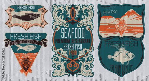 Vintage set of fish - vector. Logo, badge or label design template.