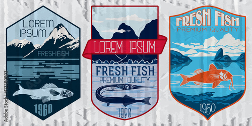 Vintage set of fish - vector. Logo, badge or label design template.