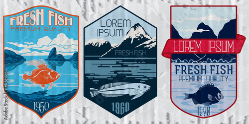 Vintage set of fish - vector. Logo, badge or label design template.