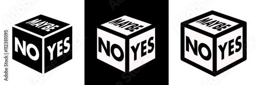 Cube with signs YES, NO, MAYBE. Metaphor of irresolution and indecision or expression of chance to succeed and fail. Tool to get over hesitation and do positive or negative decision 