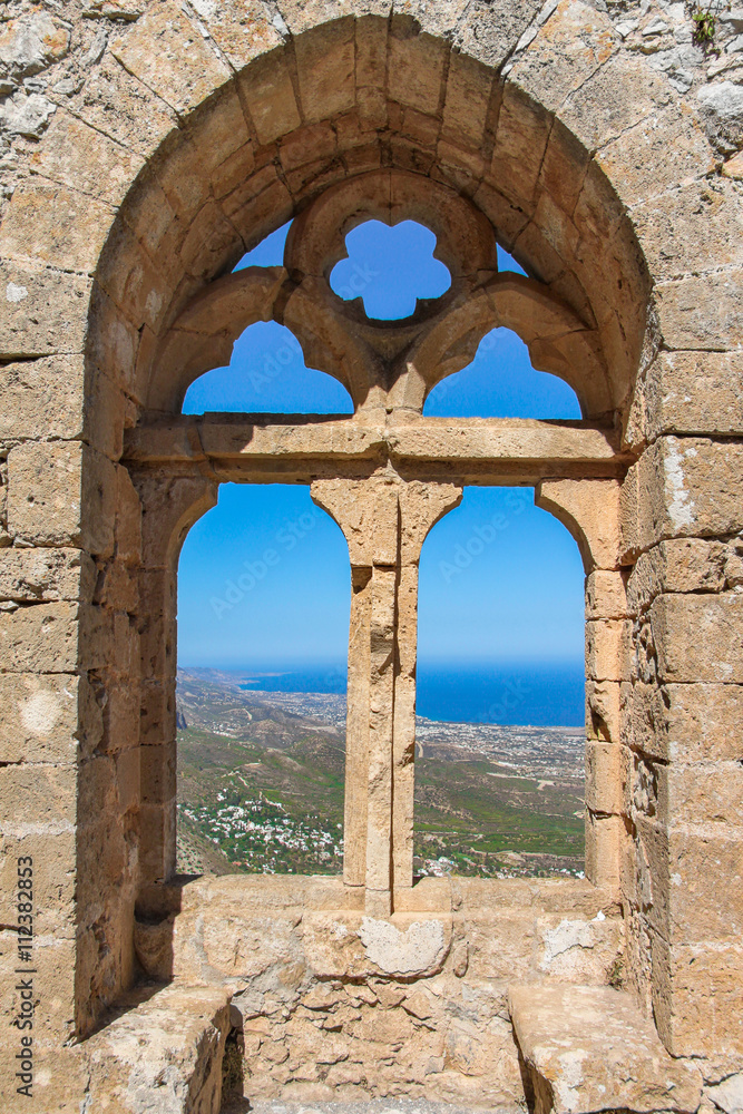 City view through the window of an ancient fortress, Cyprus
