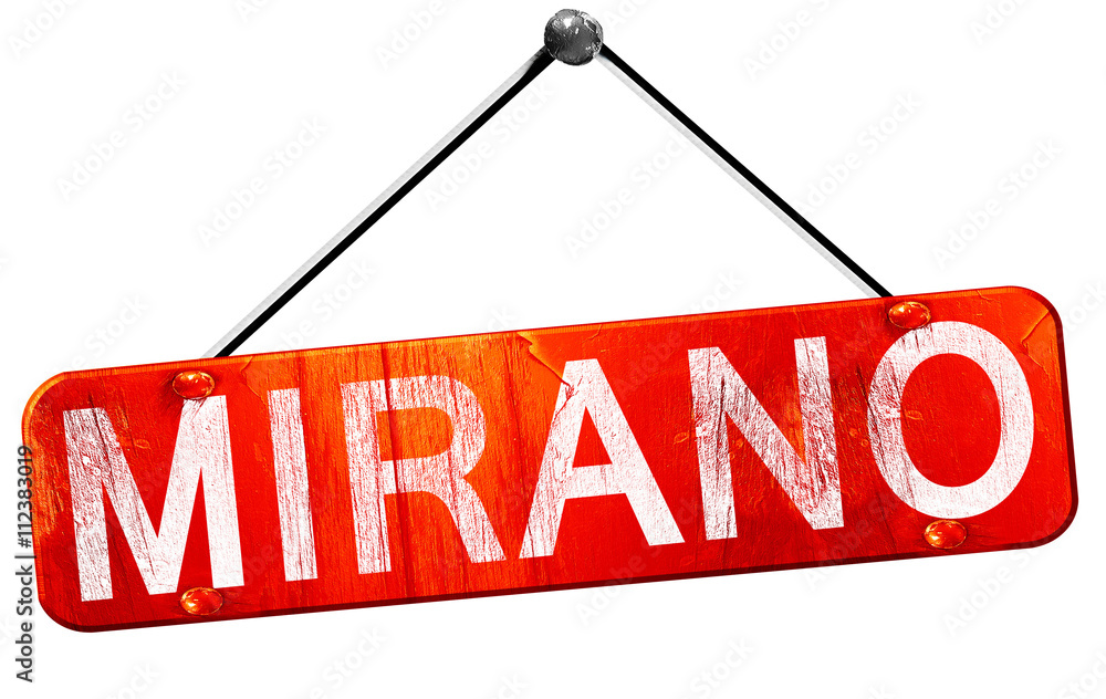 Mirano, 3D rendering, a red hanging sign Mirano, 3D rendering, a red hanging sign