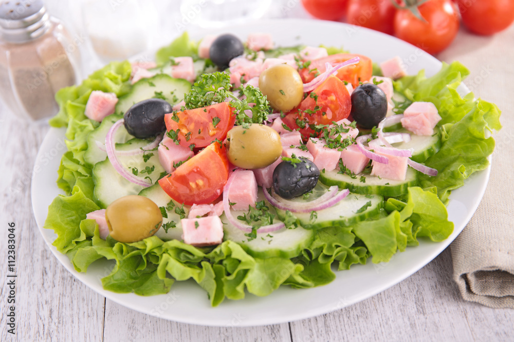 salad with tomato,cucumber and ham